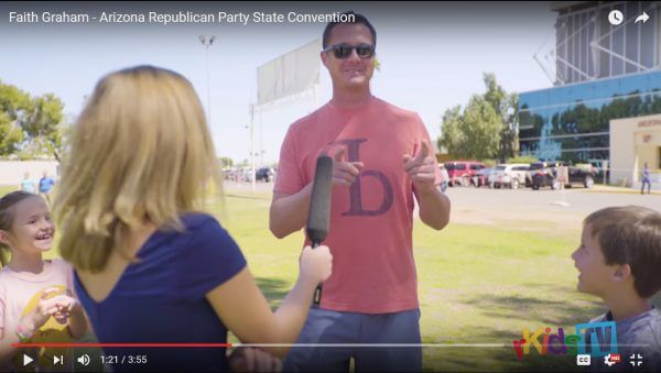 Faith Graham claiming to be talking to random people about politics but in reality she is talking to her staged family member actors. This one is Mackenzie Astin AKA Robbie Parker